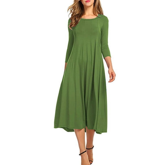 Summer Casual Dresses for Women Baeitkot Women's Fashion Cotton Solid Color Round Neck 3/4 Sleeve Dress Comfortable Casual Waist Hem A-Line Long Dresses
