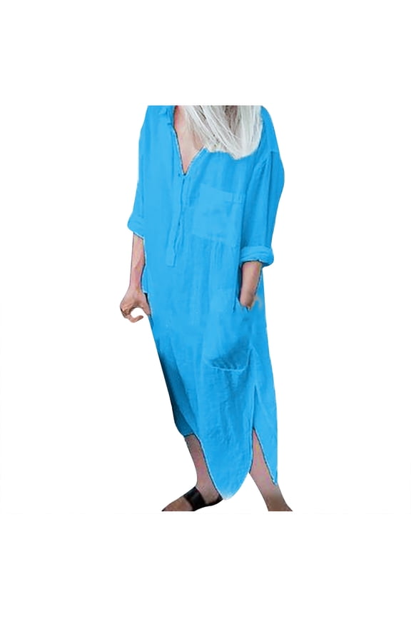 Dresses for Women Easy Double Pockets Long Sleeve Dress for Women Wrap Side Split Bodycon Long Sleeves Split Maxi Dress Solid Color Long Shirt Dress Light Blue 5XL