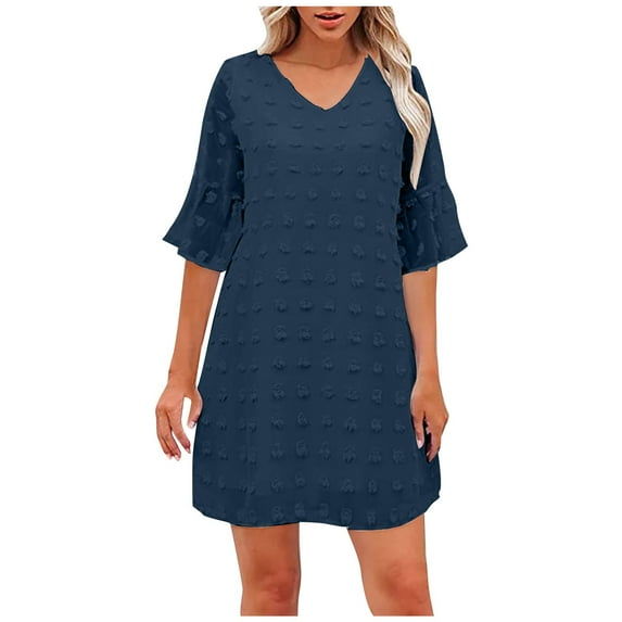 Dresses for Women Elegant Chiffon Solid Color Tunic Dress Cute Swiss Dot Casual V Neck Knee Length Party Dress Loose Fit Short Sleeve Ruffled Summer Dresses S-3XL