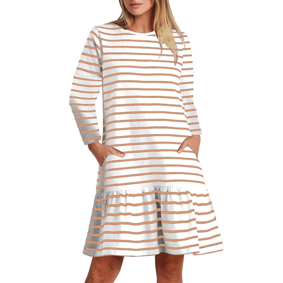 Dresses for Women Fall Winter Striped Oversized Crew Neck Long Sleeve Loose Fashion Casual Flowy Cute Bump Friendly Midi Dresses with Pockets Orange S-2XL