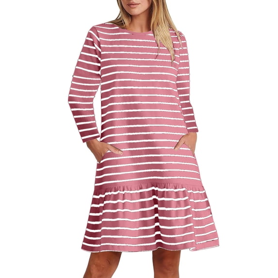 Dresses for Women Fall Winter Striped Oversized Crew Neck Long Sleeve Loose Fashion Casual Flowy Cute Bump Friendly Midi Dresses with Pockets Watermelon Red S-2XL