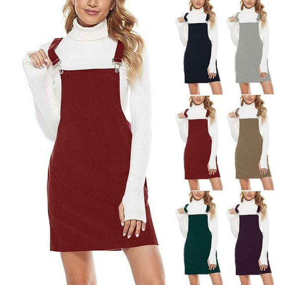 Yteetum Gray Dresses for Women Fashion Summer Casual Solid Color Adjustable Buckle Suspender Dress Ladies Square Neck Dungarees Corduroy Overall Bib Dresses with Pockets XXL