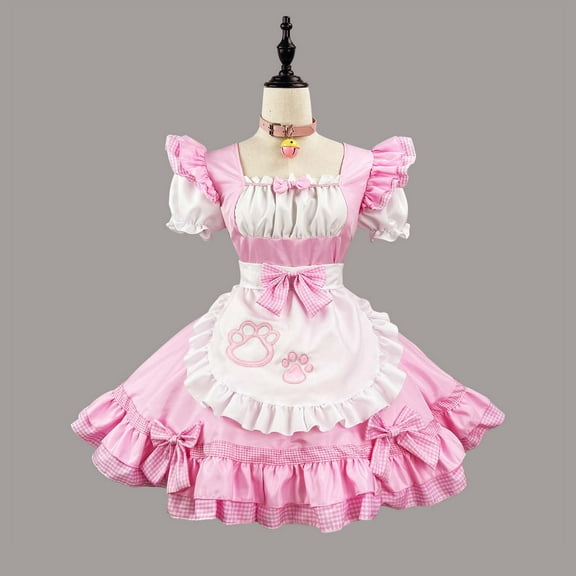 Dresses Women Ndbuld Women's Daily Cute Maid Dress Sweet Christmas War Robe Dress Set Red L