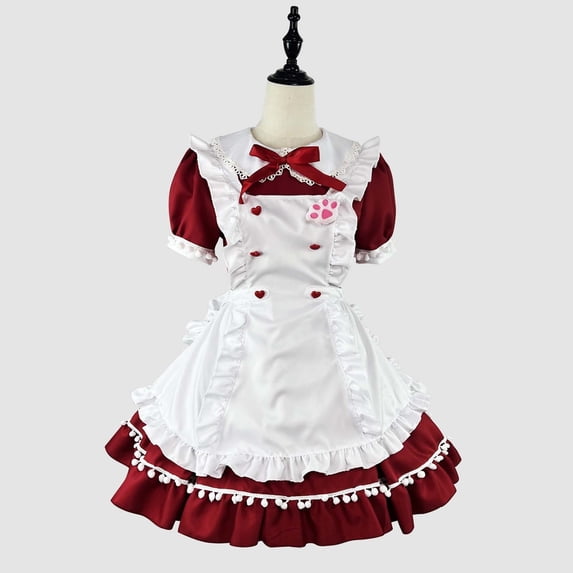 Dresses Women Ndbuld Women's Daily Cute Maid Dress Sweet Christmas War Robe Dress Set Wine L