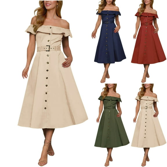 Akafmk Summer Dresses for Women Casual Dresses,Solid Color Off-the-shoulder Long Dress Short Sleeve Maxi Dresses Ruffled Hem Wedding Guest Dresses