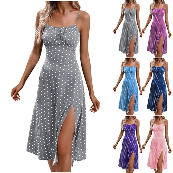 Akafmk Summer Dresses for Women Casual Dresses,Solid Color Round Neck Dress Sleeveless Spaghetti Straps Midi Dresses Split Hem A Line Beach Sundress