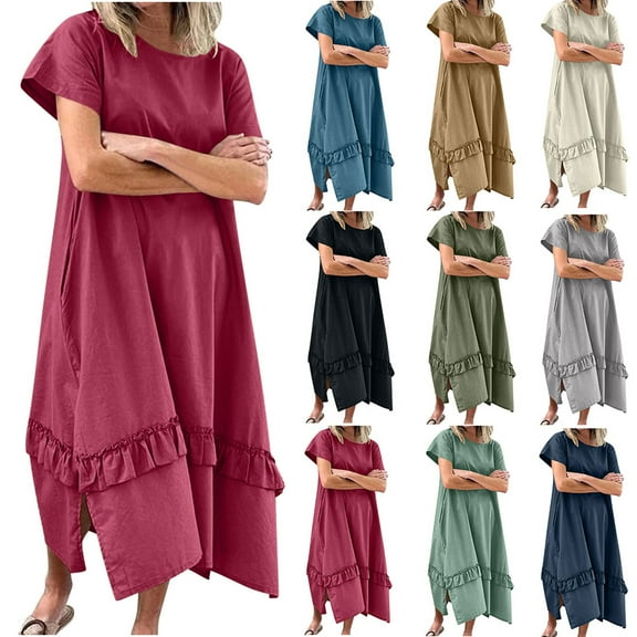 Akafmk Summer Dresses for Women Casual Dresses,Solid Color Round Neck Long Dress Short Sleeve Maxi Dresses Cotton Linen A Line Beach Sundress