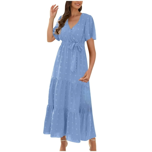 Akafmk Summer Dresses for Women Casual Dresses,Solid Color Round Neck Long Dress Short Sleeve Maxi Dresses Ruffled Hem A Line Beach Sundress