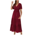 thumbnail image 1 of Akafmk Summer Dresses for Women Casual Dresses,Solid Color Round Neck Long Dress Short Sleeve Maxi Dresses Ruffled Hem A Line Beach Sundress, 1 of 5