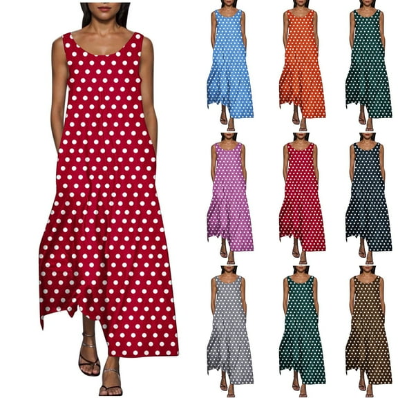 Akafmk Summer Dresses for Women Casual Dresses,Solid Color Round Neck Long Dress Sleeveless Tank Maxi Dresses Boho Dress with Pockets