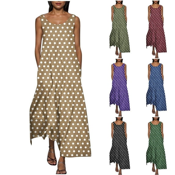 Akafmk Summer Dresses for Women Casual Dresses,Solid Color Round Neck Long Dress Sleeveless Tank Maxi Dresses Boho Dress with Pockets