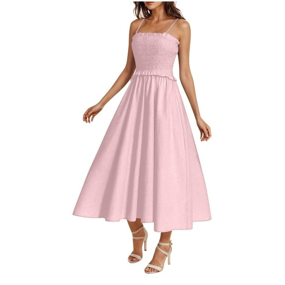 Akafmk Summer Dresses for Women Casual Dresses,Solid Color Round Neck Mid-Length Dress Sleeveless Spaghetti Straps Midi Dresses Loose Fitting Flowy Boho Dress