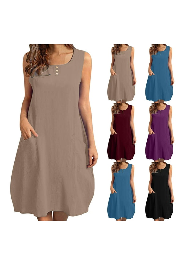 Summer Dresses for Women Casual Dresses,Solid Color Round Neck Mid-Length Dress Sleeveless Tank Midi Dresses Cotton Linen A Line Beach Sundress