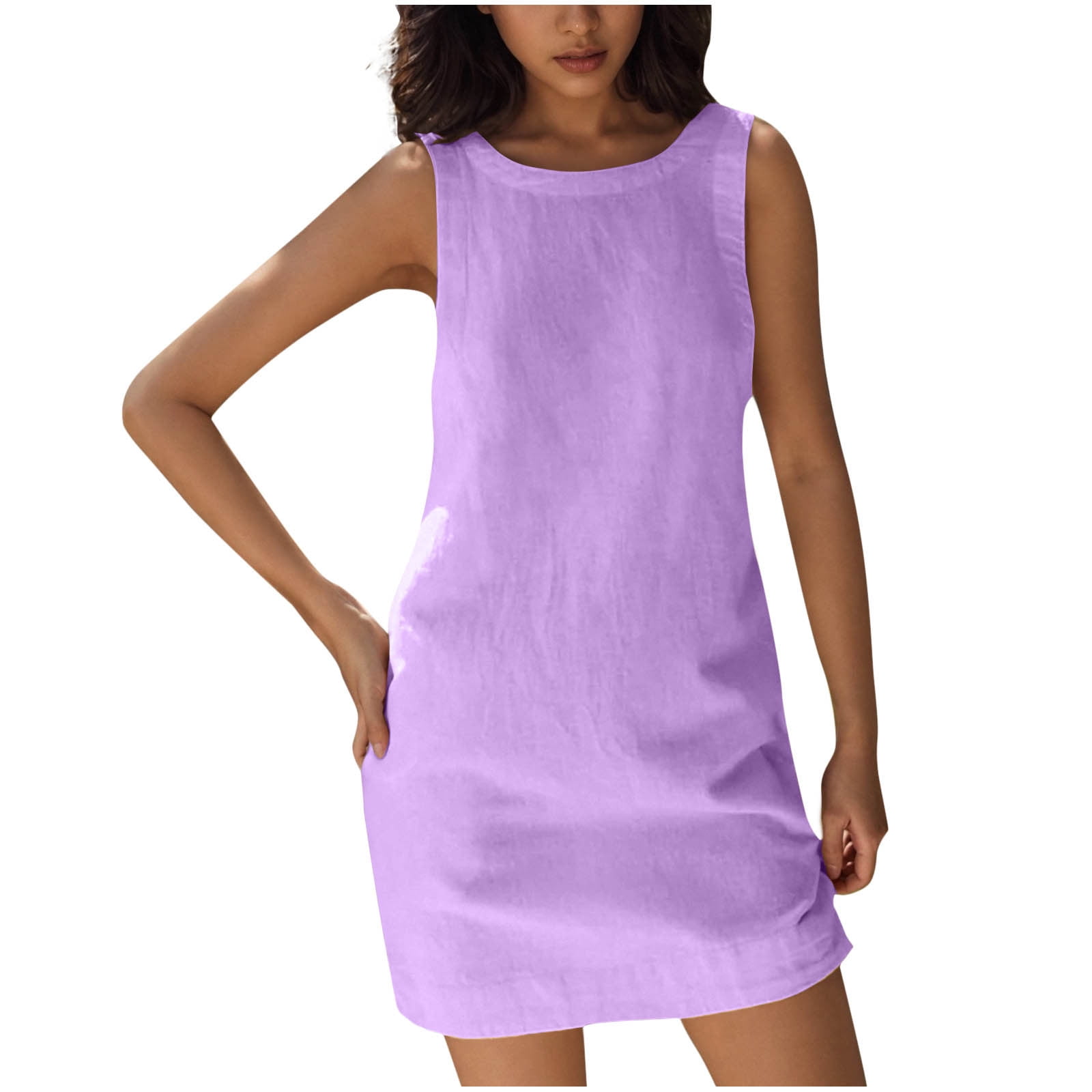 Hibshaby Women's Summer Mini Dress - Cotton Linen Sleeveless Tank Sundress, A-Line Casual Dress - View #3