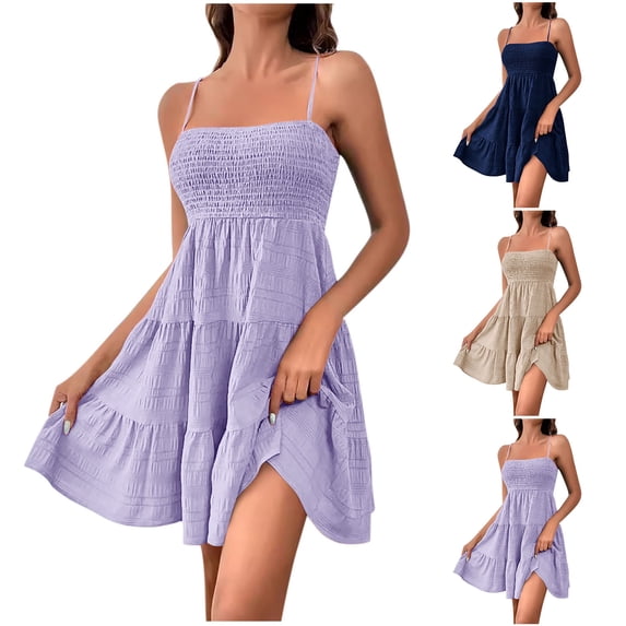 Akafmk Summer Dresses for Women Casual Dresses,Solid Color Round Neck Sleeveless Spaghetti Straps Mini Dresses Loose Fitting Flowy A Line Beach Sundress