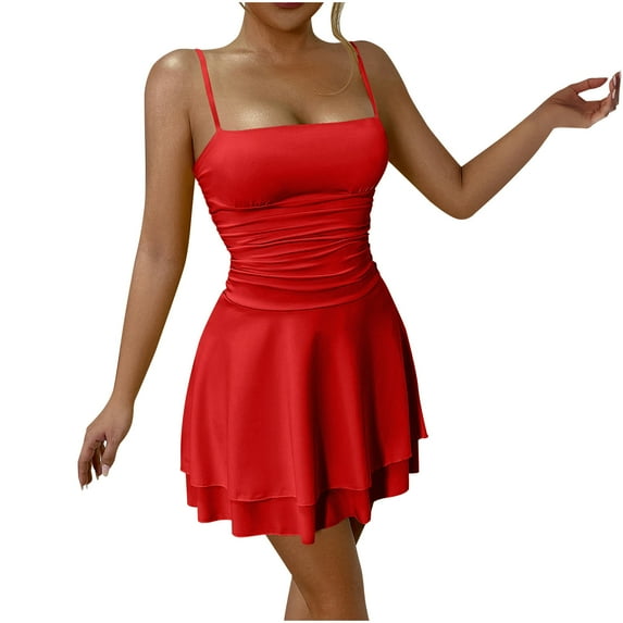 Dresses for Women Plus Size Akafmk Summer Dresses for Women Casual Dresses,Solid Color Sleeveless Spaghetti Straps Mini Dresses Loose Fitting Flowy Multi-layer A Line Beach Sundress