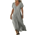 thumbnail image 1 of Akafmk Summer Dresses for Women Casual Dresses,Solid Color V-Neck Long Dress Short Sleeve Maxi Dresses Cotton Linen A Line Beach Sundress, 1 of 5