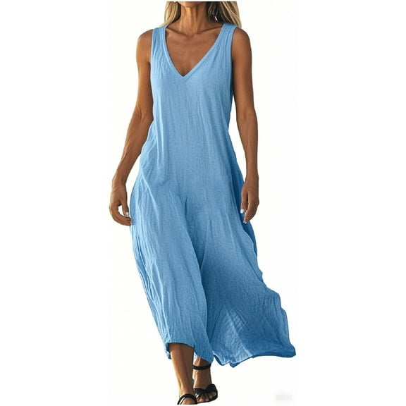 Akafmk Summer Dresses for Women Casual Dresses,Solid Color V-Neck Long Dress Sleeveless Tank Maxi Dresses Cotton Linen A Line Beach Sundress