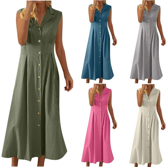 Dresses for Women Plus Size Akafmk Summer Dresses for Women Casual Dresses,Solid Color V-Neck Long Dress Sleeveless Tank Maxi Dresses Cotton Linen Shirt Dresses