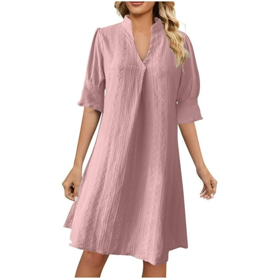 Akafmk Summer Dresses for Women Casual Dresses,Solid Color V-Neck Mid-Length Dress Short Sleeve Midi Dresses Loose Shirt Dresses