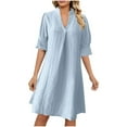 thumbnail image 1 of Akafmk Summer Dresses for Women Casual Dresses,Solid Color V-Neck Mid-Length Dress Short Sleeve Midi Dresses Loose Shirt Dresses, 1 of 5