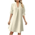 thumbnail image 1 of Akafmk Summer Dresses for Women Casual Dresses,Solid Color V-Neck Mid-Length Dress Short Sleeve Midi Dresses Loose Shirt Dresses, 1 of 5