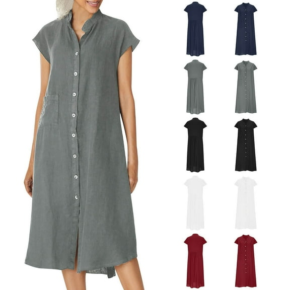 Akafmk Summer Dresses for Women Casual Dresses,Solid Color V-Neck Mid-Length Dress Sleeveless Tank Midi Dresses Cotton Linen Shirt Dresses