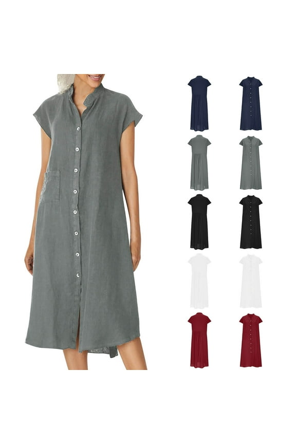Summer Dresses for Women Casual Dresses,Solid Color V-Neck Mid-Length Dress Sleeveless Tank Midi Dresses Cotton Linen Shirt Dresses