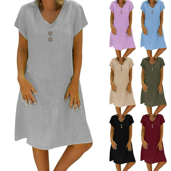 Akafmk Summer Dresses for Women Casual Dresses,Solid Color V-Neck Short Dress Short Sleeve Mini Dresses Cotton Linen A Line Beach Sundress