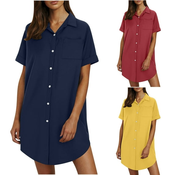 Akafmk Summer Dresses for Women Casual Dresses,Solid Color V-Neck Short Dress Short Sleeve Mini Dresses Cotton Linen Shirt Dresses