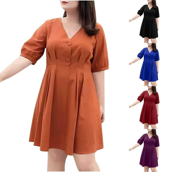 Akafmk Summer Dresses for Women Casual Dresses,Solid Color V-Neck Short Dress Short Sleeve Mini Dresses Loose A Line Beach Sundress