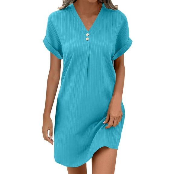 Akafmk Summer Dresses for Women Casual Dresses,Solid Color V-Neck Short Dress Short Sleeve Mini Dresses Loose Shirt Dresses