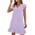 thumbnail image 1 of Akafmk Summer Dresses for Women Casual Dresses,Solid Color V-Neck Short Dress Short Sleeve Mini Dresses Ruffled Hem A Line Beach Sundress, 1 of 5