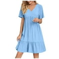 thumbnail image 1 of Akafmk Summer Dresses for Women Casual Dresses,Solid Color V-Neck Short Dress Short Sleeve Mini Dresses Ruffled Hem A Line Beach Sundress, 1 of 5
