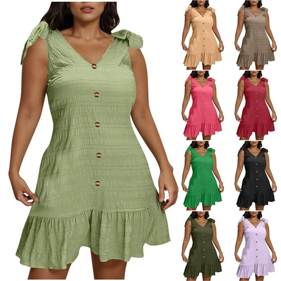 Akafmk Summer Dresses for Women Casual Dresses,Solid Color V-Neck Short Dress Sleeveless Tank Mini Dresses Ruffled Hem Wedding Guest Dresses
