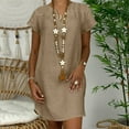 thumbnail image 1 of Dresses for Women Plus Size,Sriper Cotton Linen Midi Long Dress,Solid Color V Neck Short Sleeve T Shirt Dress,Vestidos Pegados Para Mujer Sexy,Ladies Sundress,Khaki 2X, 1 of 7