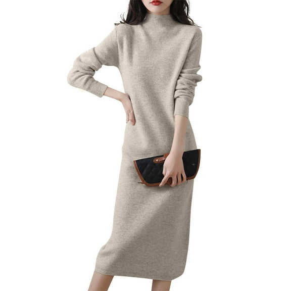 Dresses For Women Pure Wool Knitted Long Sleeve Half High Collar Dress Over Knee Length Women's Elegant Solid Color Versatile Autumn Winter New Arrival