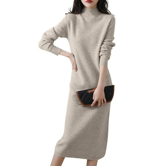 Dresses For Women Pure Wool Knitted Long Sleeve Half High Collar Dress Over Knee Length Women's Elegant Solid Color Versatile Autumn Winter New Arrival