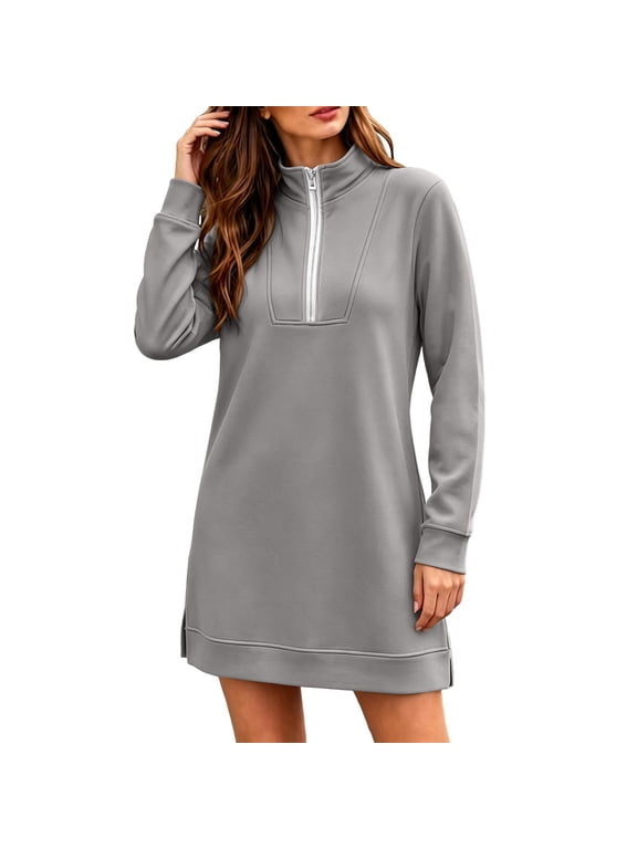 Dresses for Women Qiggri Women's Mock Neck Half Zip Long Sleeve Tunic Dress with Slit Cuffs Straight Loose Fall Winter Mini Dress for Casual Daily Wear XXL