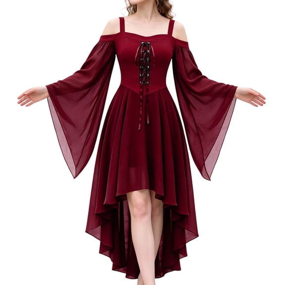 Dresses for Women Renaissance Gothic Halloween Cosplay Costume, Cold Shoulder Strap High Low Chiffon Halloween Dress Up Outfits, Halloween Costume Dress, S