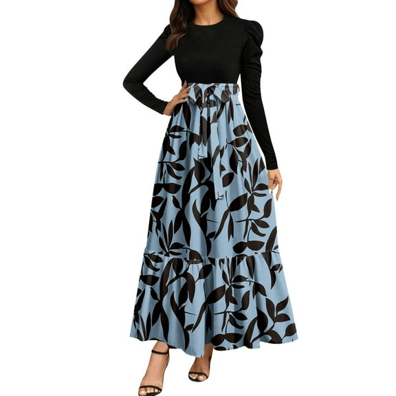 Dresses, Women'S Floral High Waist Boho Maxi Dress For Fall 2025, Elegant Casual Beach Wedding Guest Sundress, Plus Size Available Dress Work Brown Dress Women Casual Dresses (XL, Blue) ZMTing