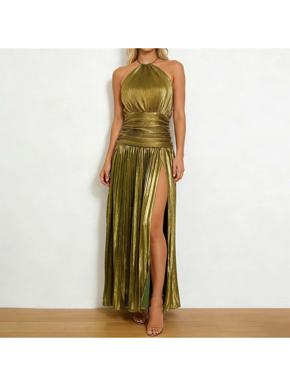 Dresses For Women Spring Dresses For Women Elegant Sleeveless Backless Midi Dress Metallic Pleated Tie Neck Split Hem Design European Style For Party Daily Wear GD1 XS
