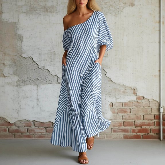 Dresses For Women Spring Dresses For Women Fashion Casual Short Sleeve Off The Shoulder Striped Maxi Dress Loose Fit Breathable Flowy For Summer Daily Wear Blue S