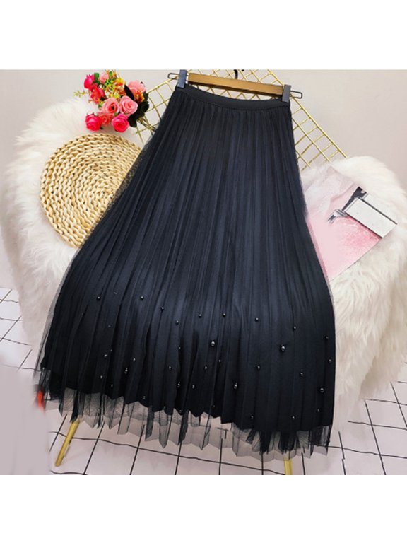 Dresses For Women Spring Dresses For Women Spring Summer Reversible Chiffon Skirt Beaded Waistband Pleated Layered Mesh Flowy Elegant Versatile For Daily Wear Black One Size