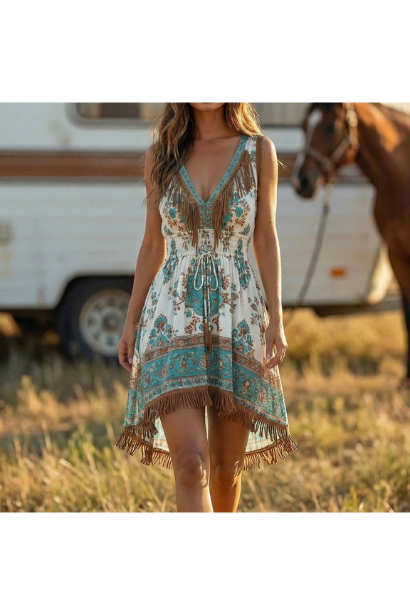Dresses For Women Spring Dresses For Women Vintage Western Bohemian Spaghetti Strap Dress Floral Print Fringed Patchwork Layered Design Casual Summer Wear White 1 XL