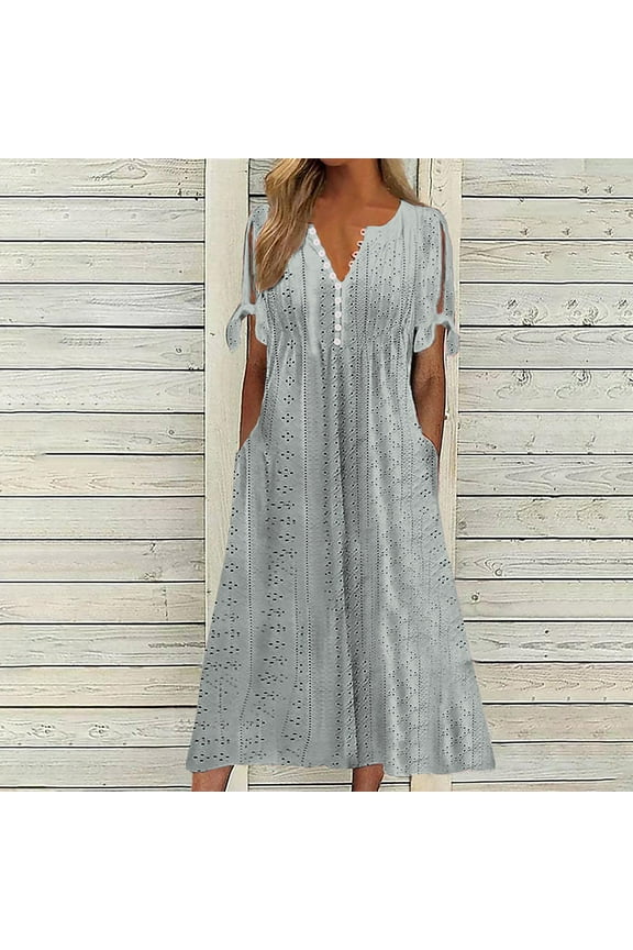 Dresses for Women,Spring Summer Solid Color Casual V-Neck Buttons Cold Shoulder Maxi Dress with Hidden Pockets,Flowy Long Dress for Beach, Vacation, or Daily Wear