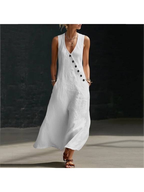 Dresses for Women Summer Casual V Neck Button A Linen Flowy Sleeveless T Shirts Sundress Womens Solid Loose Lightweight Comfy Beach Vactaion Maxi Dress