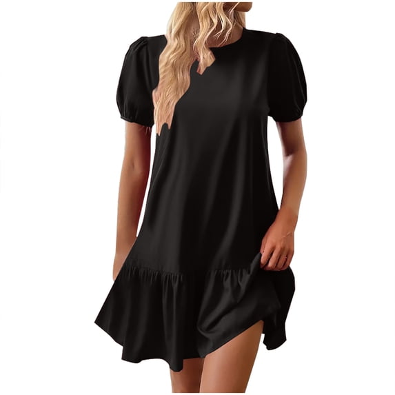 Dresses for Women Summer Fall Short Puff Sleeve Crewneck Formal Date Night Evening Gowns Modest Casual Rave Ruffle Plain Dresses Homecoming Dresses Women 2026