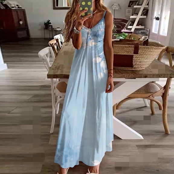 Dresses for Women Summer Plus Size Sun Dress Women's Holiday Dress Summer Dresses For Women Print Sleeveless Round Neck Dress Casual Long Dresses C Multicolor S