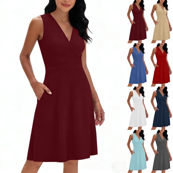 Dresses for Women Summer Plus Size V-Neck Sleeveless Solid Color Tank Dress with Pockets Summer Casual Leisure Loose Beach Party Midi Dresses with Side Pockets